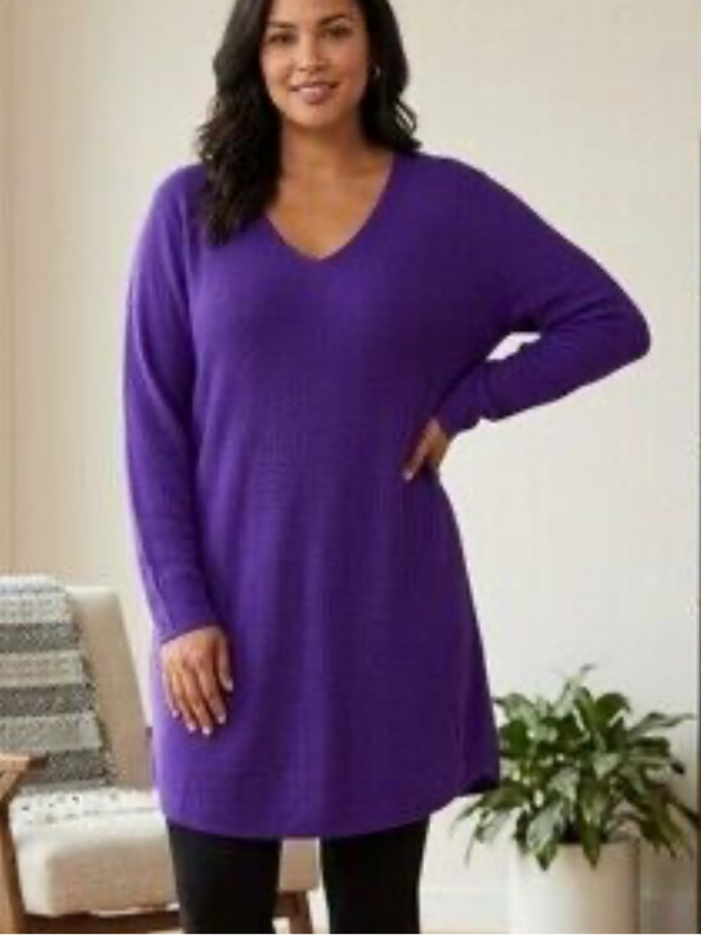 Eileen Fisher Deep Purple V-Neck Long Sleeve 100% wool Tunic Dress size L